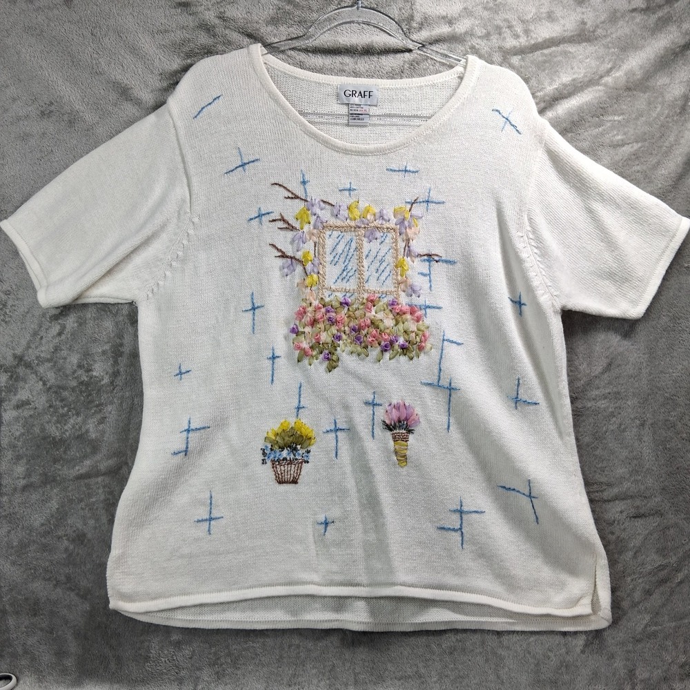 Graff Studio Vintage White Short Sleeve Knit Sweater Top Floral Ribbon XL